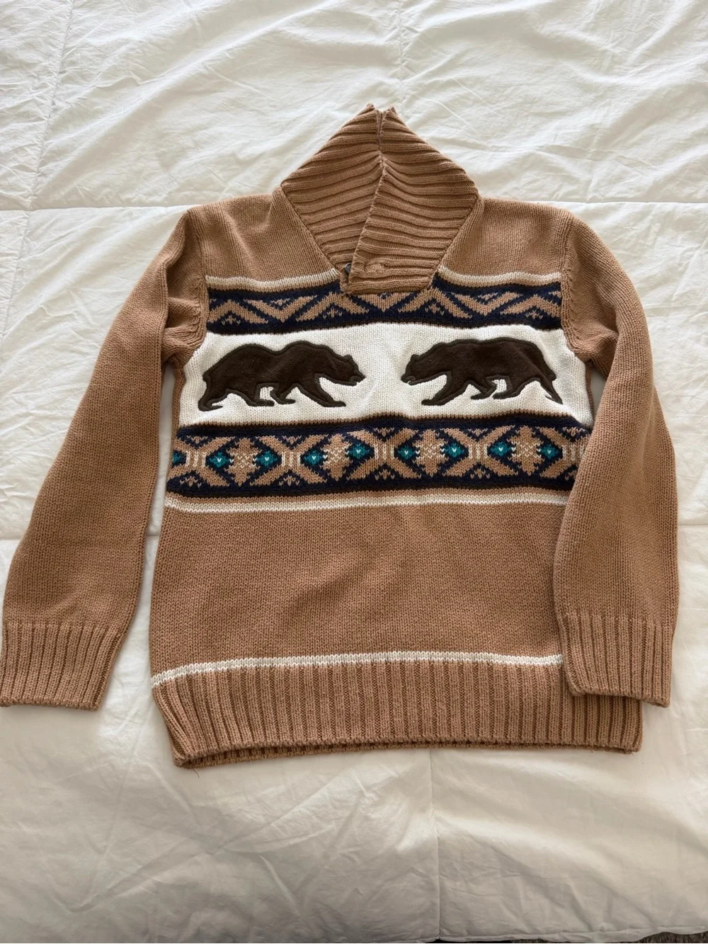 Gymboree Tan Bear Motif Turtleneck Sweater with Navy & Cream Accents